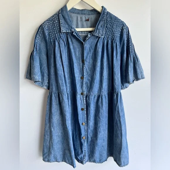 Denim Babydoll Dress Pleated Yoke Button Front Blue Size XL Cotton - Picture 2 of 13